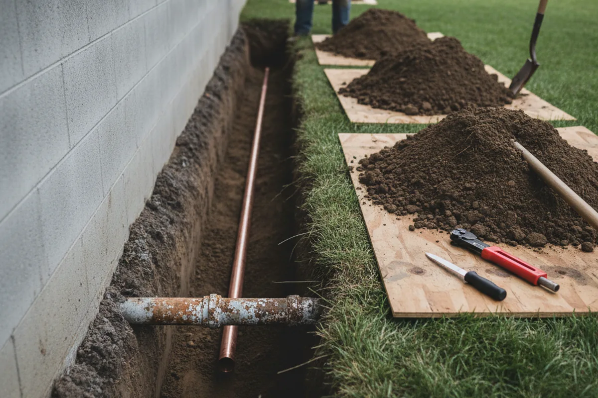 Excavated water line trench during Sewer Line Repair in Monona